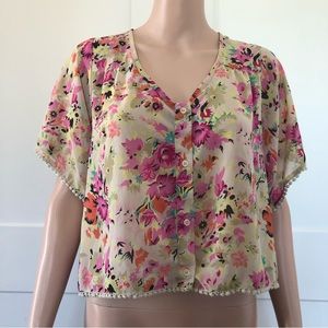 Band Of Gypsies Tan Pink Floral Flowy Button Front Blouse Top Small
